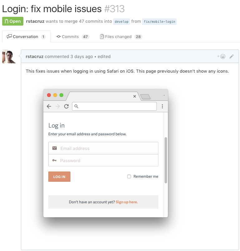 GitHub pull request example screenshot